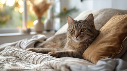 Cozy Domestic Cat Lounging on a Bed