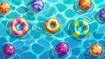 Summer pool party cartoon banners with colorful inflatable rings and balls. Invitation flyers for summer vacation entertainment, Modern illustration. - obrazy, fototapety, plakaty