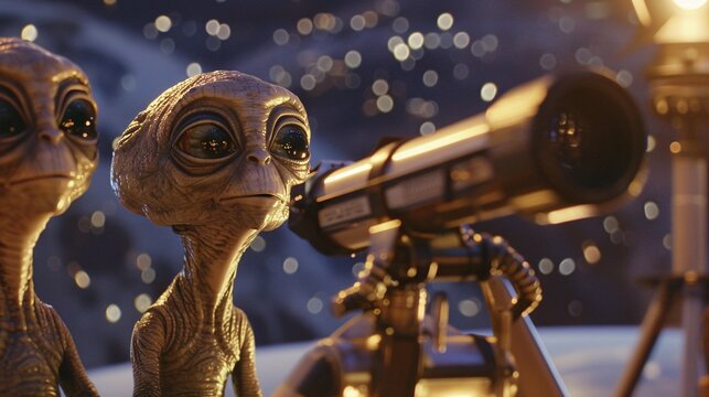 Cinematic snapshot of a friendly extraterrestrial and their classmates gathered around a telescope during a astronomy class, their eyes wide with wonder as they gaze at the stars above 02