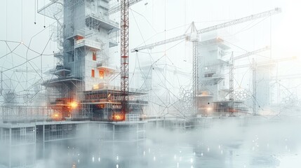 Tower cranes on a construction site. Low poly wireframe digital modern illustration template with polygons, lines, particles, and connected dots.
