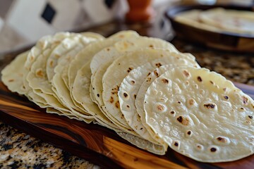 Freshly made corn tortillas on a wooden board on a kitchen countertop.