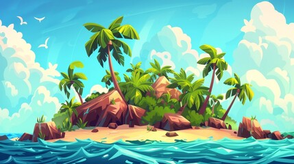 Animated island with beach, palm trees, rocks, surrounded by sea water on a tropical background. Separated layers for 2D game Tropical landscape modern illustration. - obrazy, fototapety, plakaty