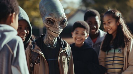 Cinematic photo of a friendly extraterrestrial and a group of diverse students laughing together during recess, the playground alive with the sounds of joy and camaraderie 03 - obrazy, fototapety, plakaty