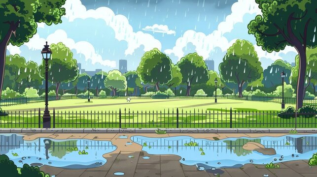 An empty public place for walking and recreation, a rainy day at a park, a city landscape with paths, fences, green lawns and trees, a summer landscape with cloudy skies, an urban garden, cartoon