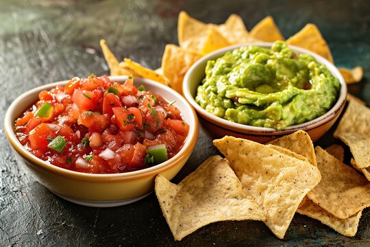 Bowls of salsa and guacamole with tortilla chips on a textured surface.