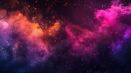An explosion of color powder, green dust and pink, orange, purple dust on a black background. Modern illustration of a horizontal poster with a blend of colors, smoke clouds and paint bursts.