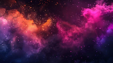 Fotobehang An explosion of color powder, green dust and pink, orange, purple dust on a black background. Modern illustration of a horizontal poster with a blend of colors, smoke clouds and paint bursts. © Mark
