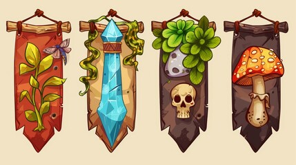 Illustration of esoteric witch or wizard items on a banner pinned to a fly, an animal skull with agaric mushrooms. Background for game interfaces, sorcerer and mage education, front cover for books,