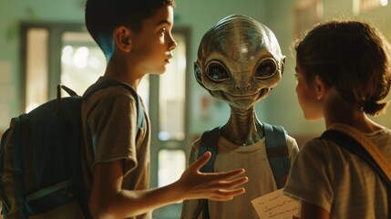 Cinematic moment of an amiable extraterrestrial helping a fellow student with their homework, their patient guidance a testament to the spirit of camaraderie at school 04 - obrazy, fototapety, plakaty