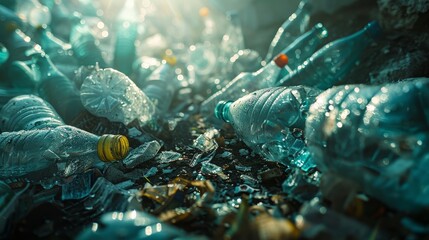 Clutter of discarded plastic bottles with a subtle call to sustainability - obrazy, fototapety, plakaty