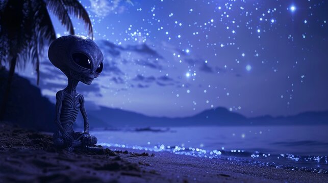 Cinematic moment of an amiable alien stargazing on a moonlit beach, with the shimmering reflection of stars on the calm waters and the rhythmic sound of waves lulling them into a peaceful trance