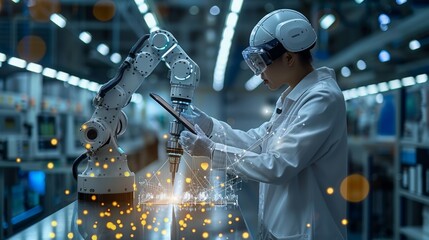 In dark blue, abstract polygonal engineer is holding tablet and controlling robot and tool. Smart technology manufacturing process. Modern image of industrial technology, automation concept.