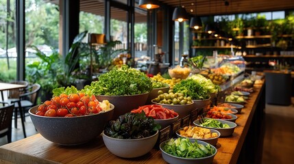 Fototapeta na wymiar Fresh Salad Bar Selection in Contemporary Cafe