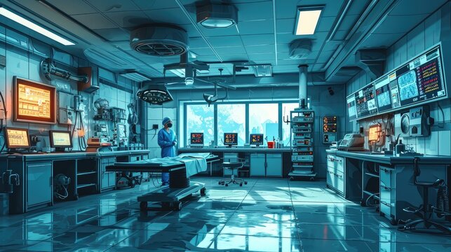 An awe-inspiring operating room with a surgeon in scrubs, standing confidently next to a surgical table, intricate surgical tools meticulously arranged, monitors displaying vital signs, the room fille