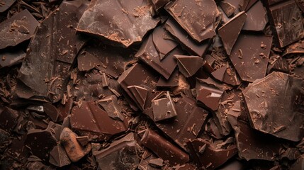 Pieces of dark chocolate as a background, top view