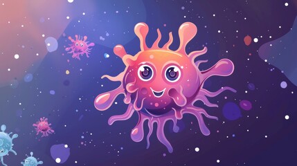 Web banner with cartoon bacterial or virus cell. Big eyed pathogen microbe with long flagella, microbiology science organism, alien monster modern illustration.