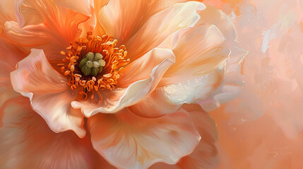 Delight in the intricate elegance of a soft pastel peach-colored flower captured with oil paint,...