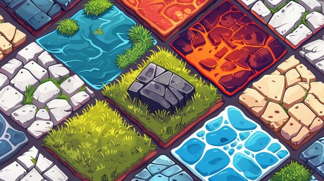 This isometric ground tile set includes grass, stone, water, ice, lava, and a path. It has seamless patterns comprising lawn with pathway, water surface, pavement, and molten magma.