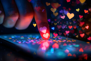Hand Pressing Heart Icon on Smartphone with Floating 3D Heart Elements Modern Digital Interaction and Social Media Engagement