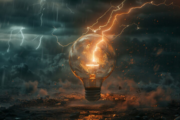 An evocative scene featuring a light bulb amidst a tempestuous storm, brilliantly capturing the raw energy of nature and human ingenuity. - obrazy, fototapety, plakaty