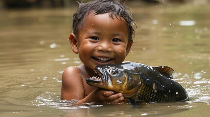 A smiling baby in river water with a sharp-toothed piranha in its hands 01