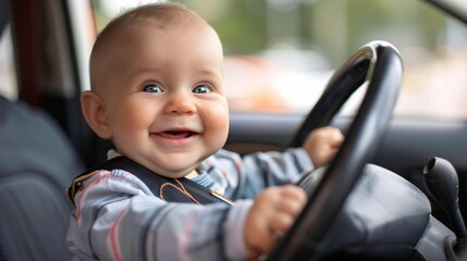 A smiling baby driving a car 01