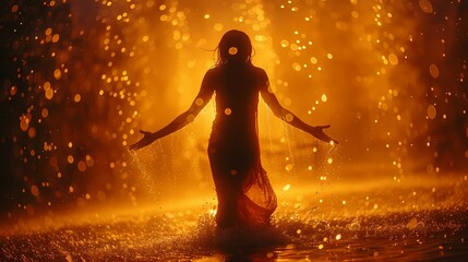 A silhouette of a person dancing in the rain, expressing joy and freedom - obrazy, fototapety, plakaty