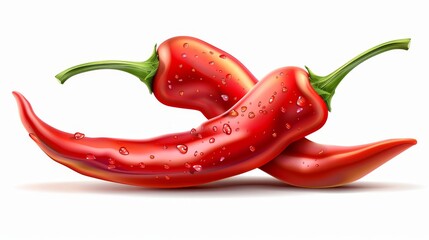 A red chili pepper, hot spicy plant pod, paprika cayenne with green stem is modern realistic illustration isolated on white. A ripe chopped vegetable is shown with a shadow to create a realistic - obrazy, fototapety, plakaty