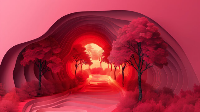 Tunnel through the forest, red illustration in paper cut style