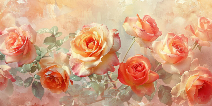Vibrant orange roses surrounded by pink, yellow, and green floral background in artistic painting