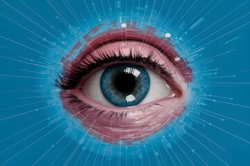 Fototapeta premium Closeup blue eye high technologies contact lens cataract, illustrating eye care technology