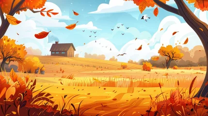 Schilderijen op glas Modern cartoon illustration of landscape with orange agriculture fields in autumn, harvest season. © Mark