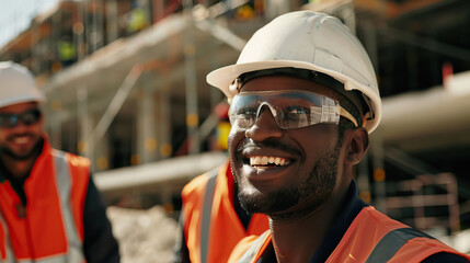 Portrait photography, close-up shot, team of black and mixed ethnicity colleagues on a building site isolated against background. Bright, sunny, smiling, shadow play