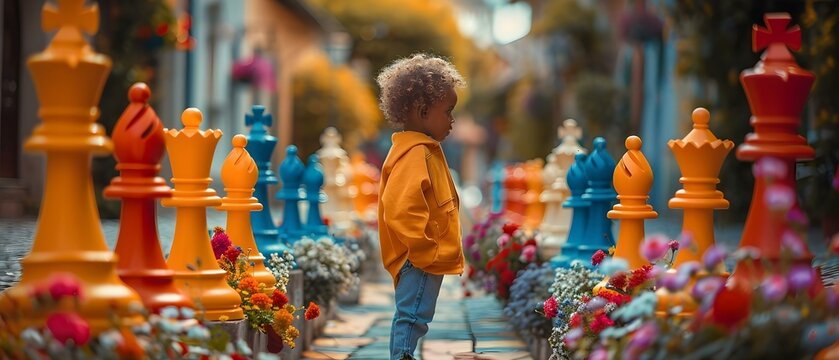 Child's Strategy: A Colorful Game of Life-Size Chess. Concept Child's Strategy, Life-Size Chess, Colorful, Playful, Outdoor Game