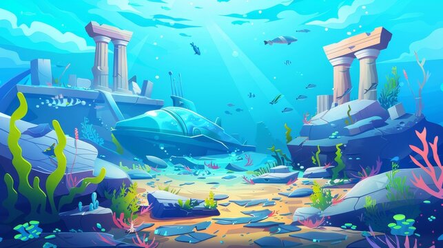 Modern illustration of a tropical ocean scene with a bathyscaphe and submerged objects. With fish, corals, plants and animals, and marble columns.
