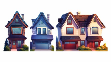Typical suburban houses, suburban cottage homes, country houses, two storey house facades isolated on white background, modern illustration.
