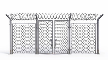 An illustration of metal fencing segments separated by poles, rabitz isolated on white background with barbed wire fence. Realistic modern illustration in 3D. - obrazy, fototapety, plakaty