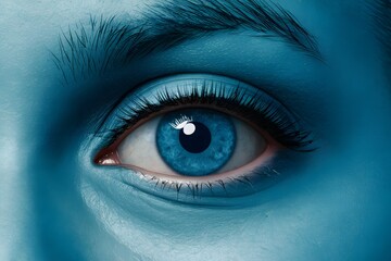 Fototapeta premium Close up blue eye with future cataract protection scan contact lens, illustrating eye care technology