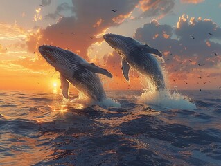 3D cartoon whales breaching the surface, sunset over the ocean background
