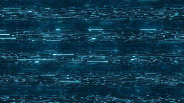 Digital pattern with neon blue running lines. Loopable hi tech abstract light blue technology background. Seamless reversible loop of program code moving in a cyberspace. AI, big data transfer, flow.