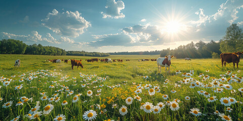 In the pastoral meadow, a herd of cows grazes peacefully under the blue sky of rural countryside. - obrazy, fototapety, plakaty