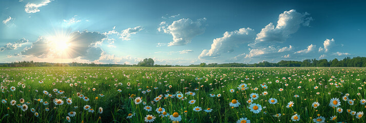 In the serene meadow at sunrise, chamomile blossoms paint a tranquil landscape, kissed by golden sunlight.