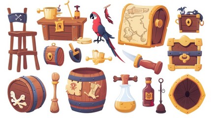 A pirate cabin interior set, isolated on white. A wooden table, old map, treasure chest, parrot, barrel filled with rum, captain cocked hat, chair, spyglass and message in a bottle. Cartoon modern
