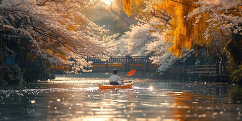 A serene lake landscape in Japan at sunset, perfect for outdoor recreation and tranquil relaxation.
