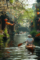 Obraz premium An Oriental village by the tranquil river, showcasing ancient architecture and traditional transportation, perfect for travel.