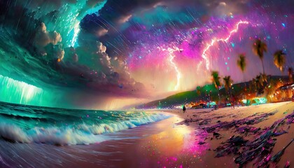 beach in a windstorm, fisheye lens, rain and thunder, sunset AI Generated