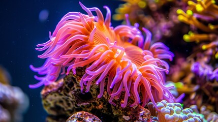 Naklejka na ściany i meble Colorful sea anemone surrounded by diverse marine life in a vibrant coral reef environment