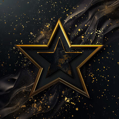 Golden three step podium with star glowing. Gold stage with glitter and light smoke on dark background.