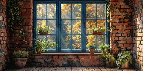 A picturesque window frames the beautiful nature outside, enhancing the charm of the old house with its vintage architecture.