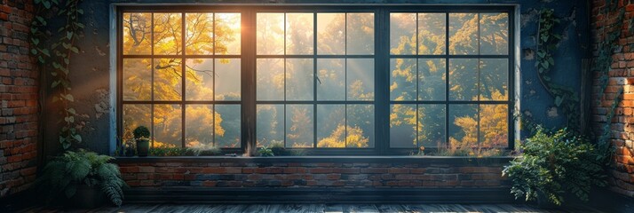 Through a wooden frame, an old house's window offers a beautiful view of nature.